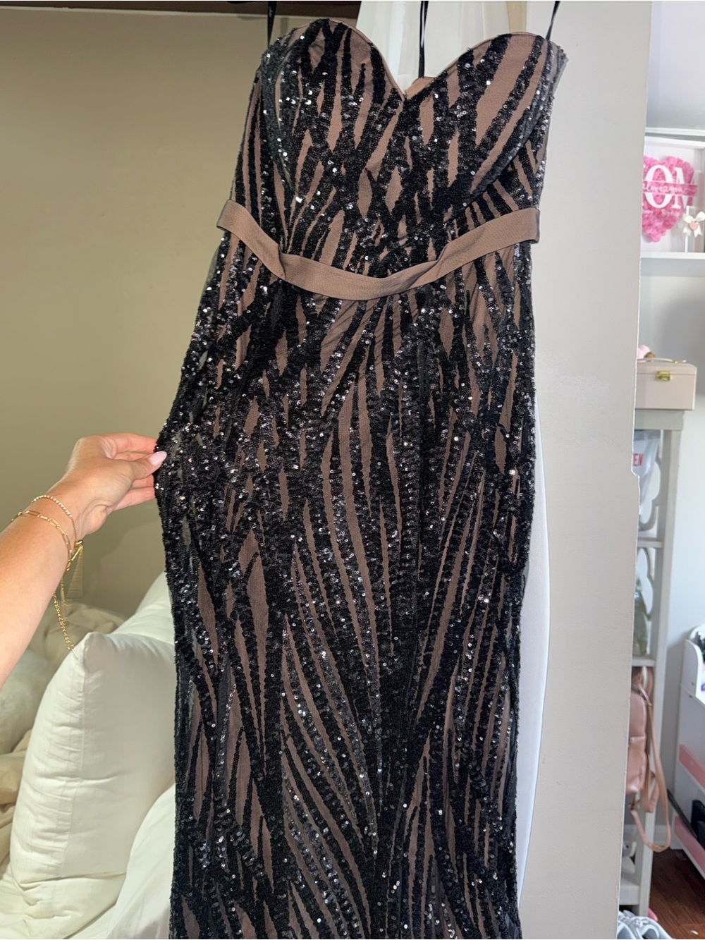 Strapless Black Sequin Gown with Nude Underlay